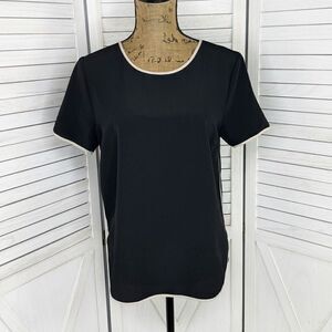 Rush Contrast Trim Popover Shirt Blouse Black Tan Medium